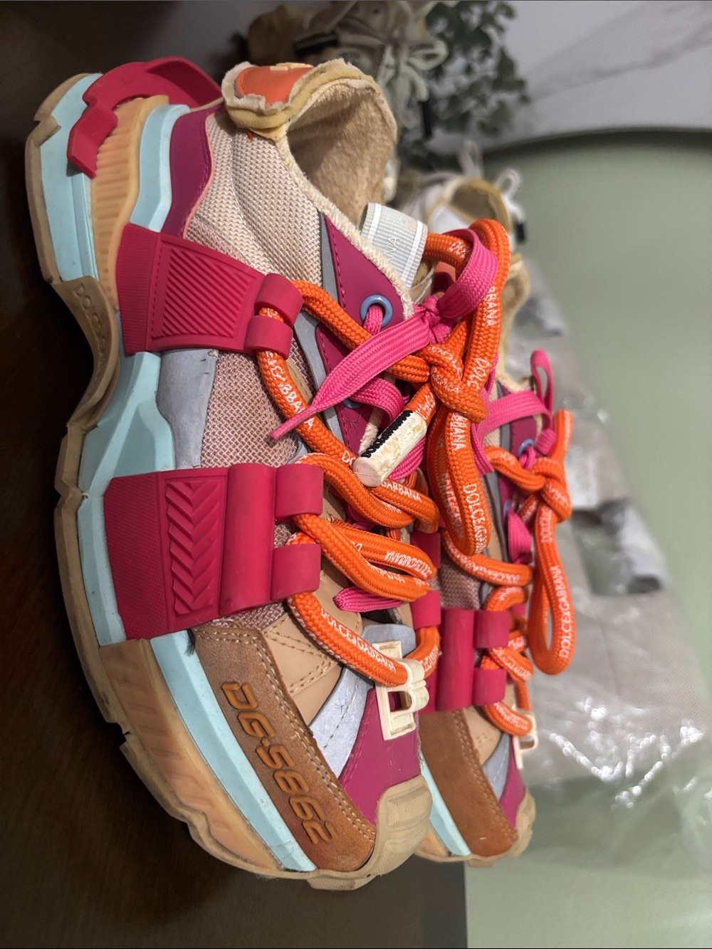 Dolce & Gabbana Pink, Orange & Tan Chunky Lace-Up Sneakers